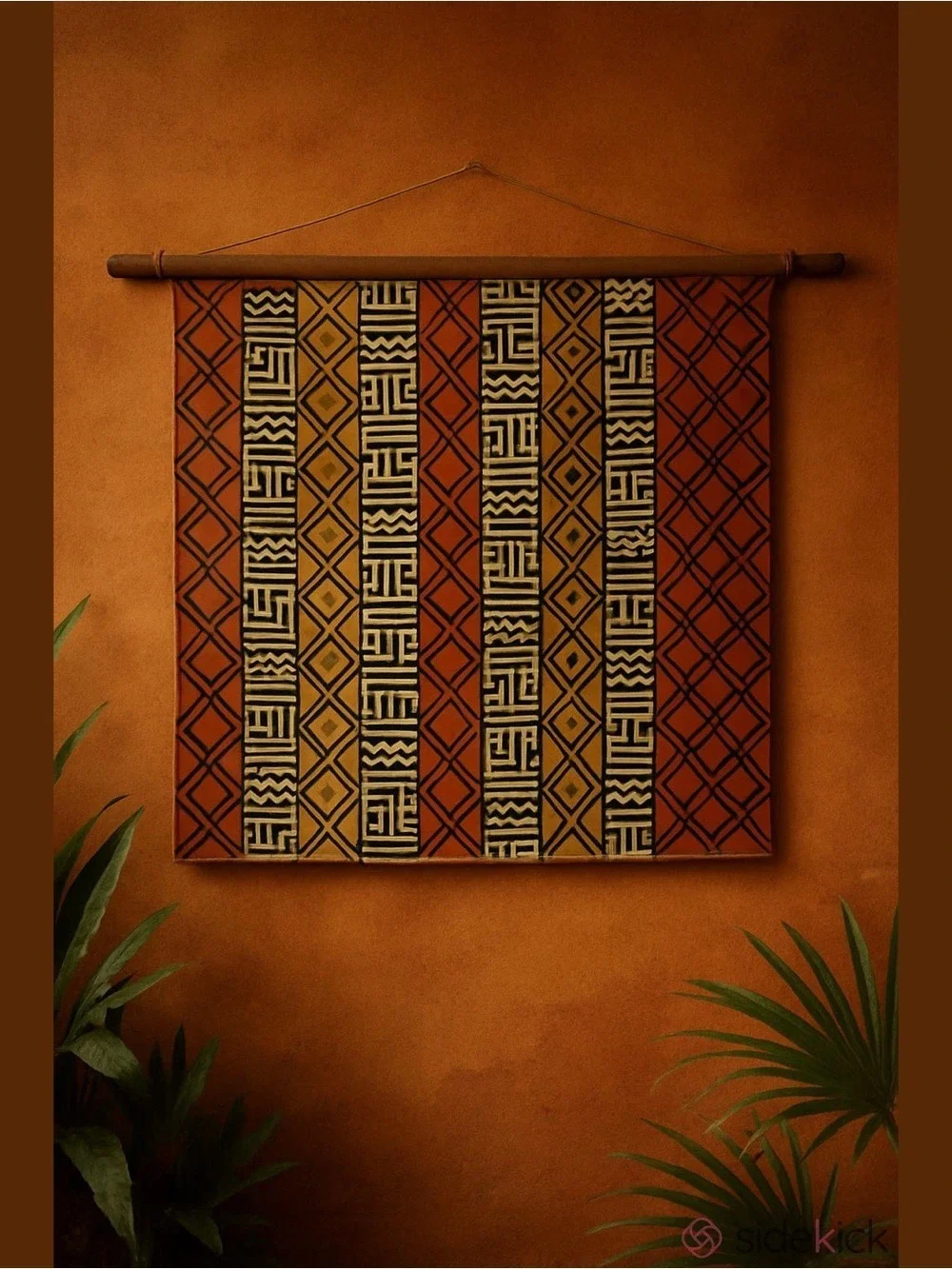VTG WEST AFRICAN COTTON TRIBAL PRINT RUST MUSTARD BLACK CREAM MUD CLOTH 55”x78”